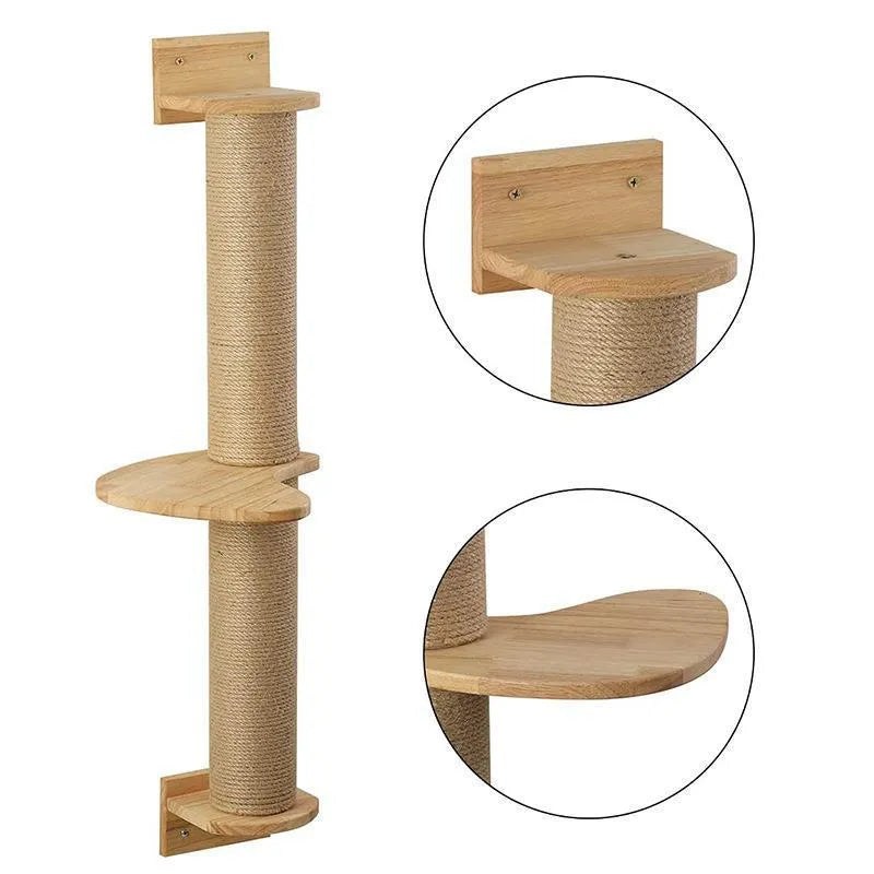 Wooden wall-mounted cat climbing frame with sisal rope scratching post and elevated platform