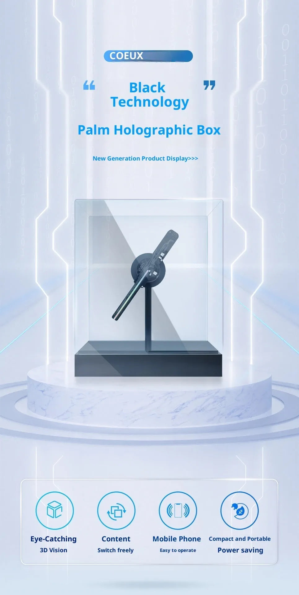 Holographic 3D fan screen displaying a floating holographic image on a desk with a remote control nearby