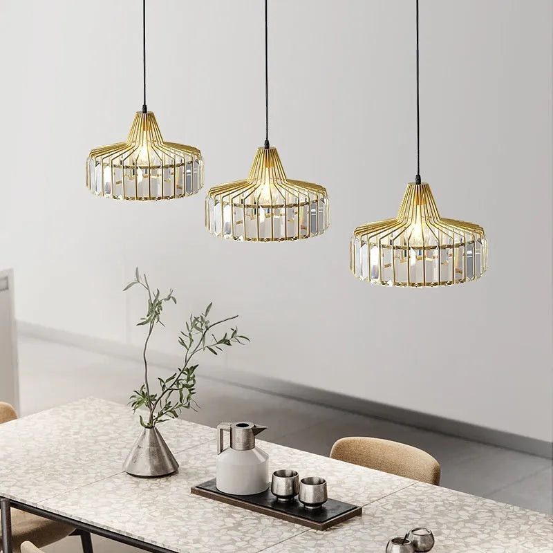 Modern crystal LED ceiling chandelier with black iron frame and decorative crystal elements