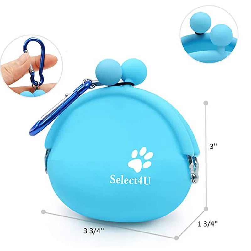 Silicone dog training treat pouch with waist clip in assorted colours on a belt.