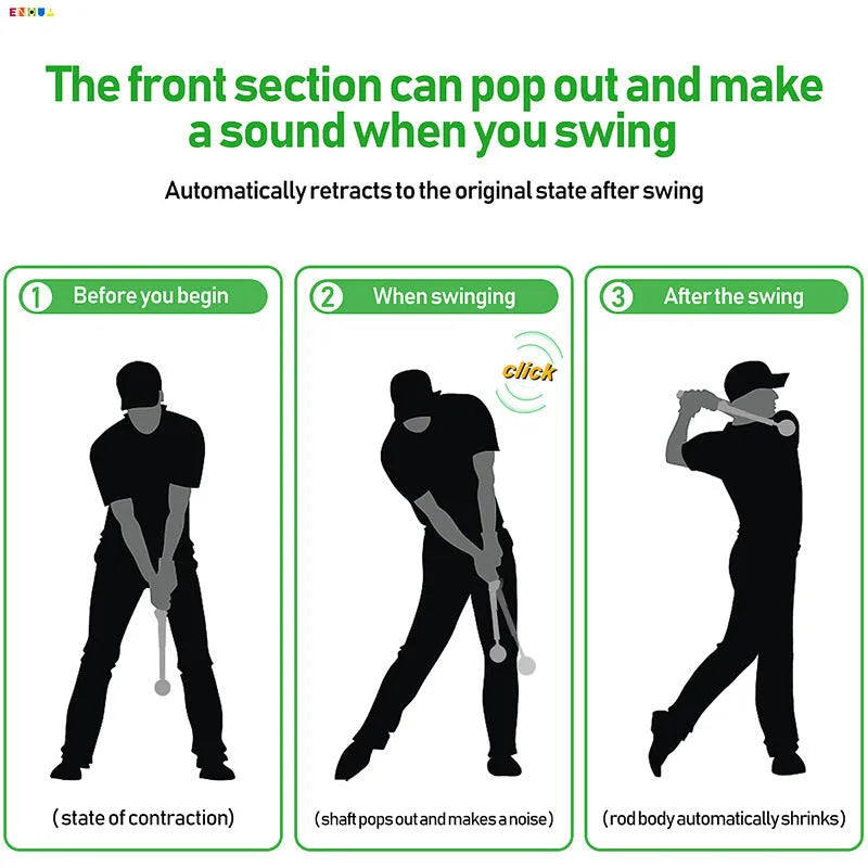 Telescopic stainless steel golf swing trainer shown extended, in black colour.