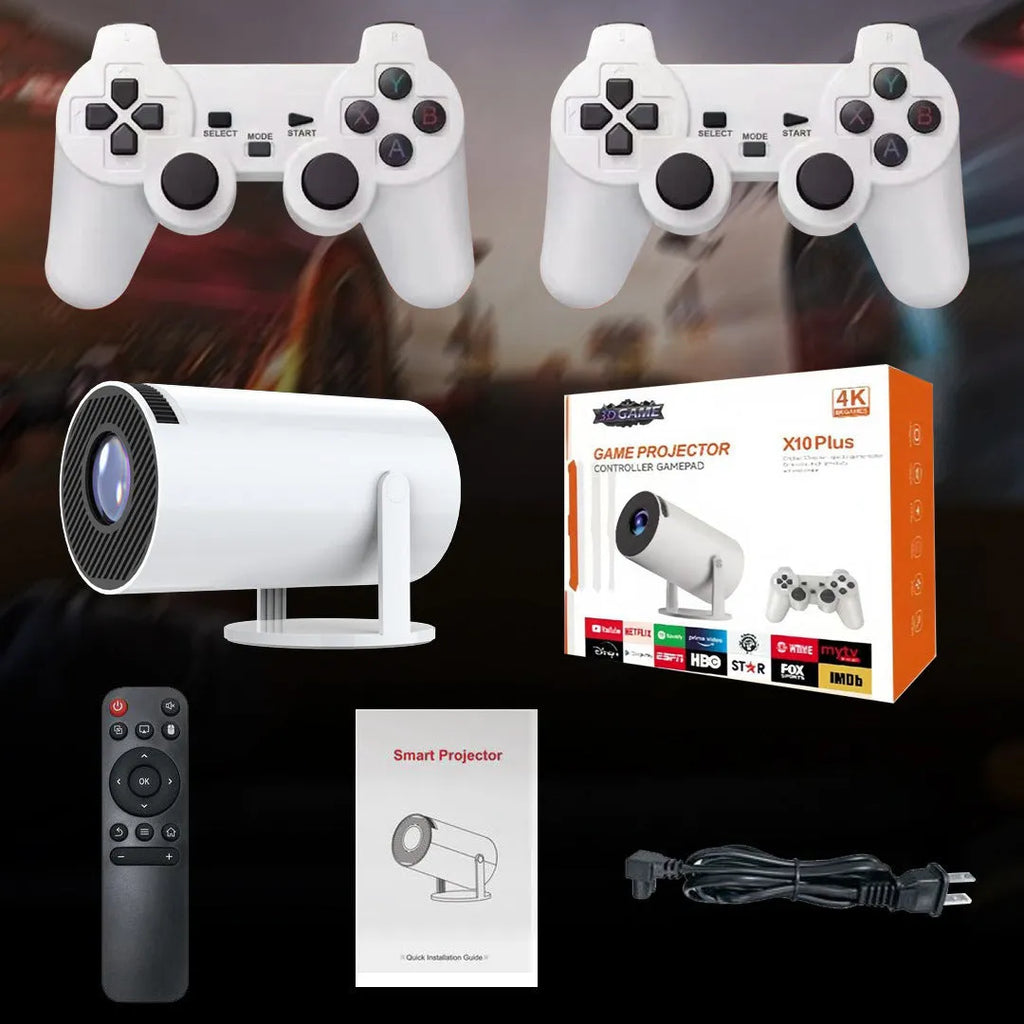 White Barrel X10 PLUS portable smart projector and gaming machine with remote and gamepad.