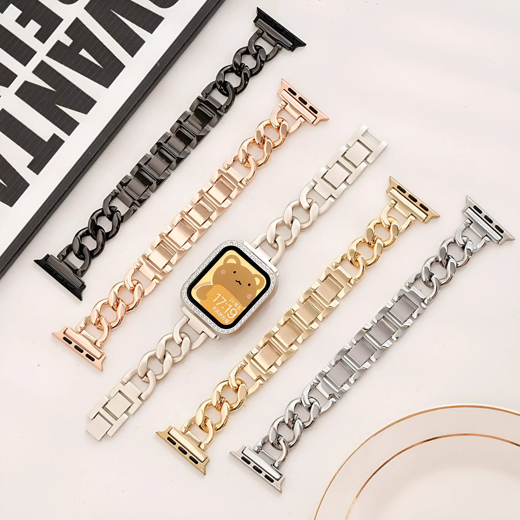 Denim pattern metal chain watch strap for Apple Watch in multiple colour options showing size variations