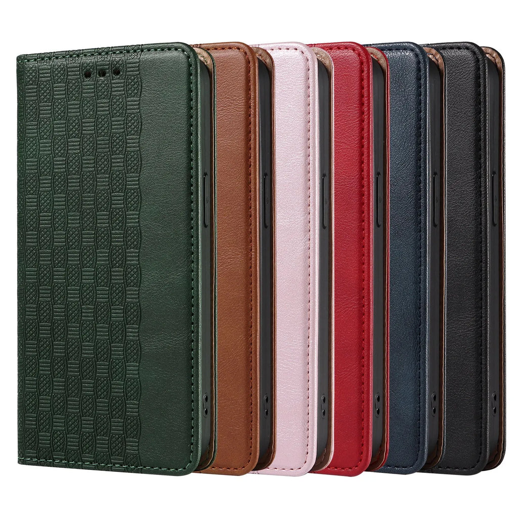 Black embossed leather pattern flip case for iPhone shown open, next to brown and blue colour options.