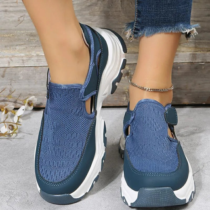 Women's mesh sport shoes with flat heel round toe Velcro closure in red black and blue colours