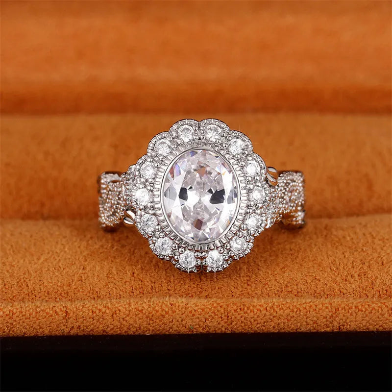 Women's geometric ring with round zircon centre stone and white gold colour plating