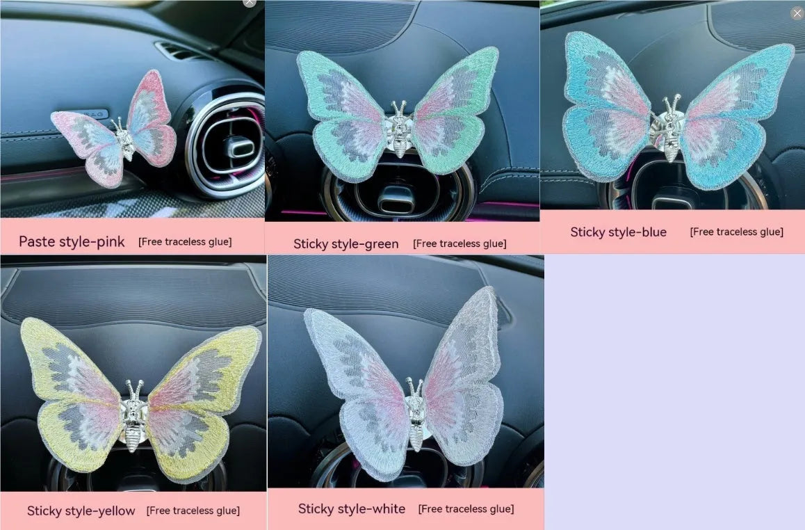 Fabric butterfly embroidery car air vent decoration in multiple colours