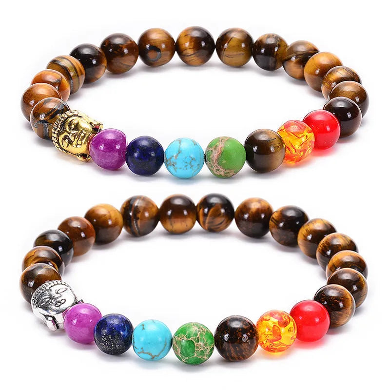 Seven chakra beaded bracelet with natural stone and tiger eye beads, adjustable rope, unisex design.
