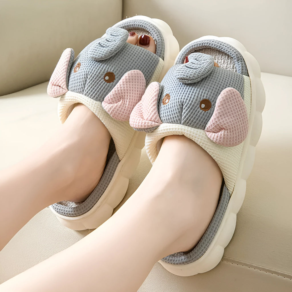 Elephant grey linen open toe couples slippers with PVC sole on wooden floor