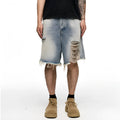 Light blue men's baggy denim shorts with a wide leg cut and mid waist on a plain background