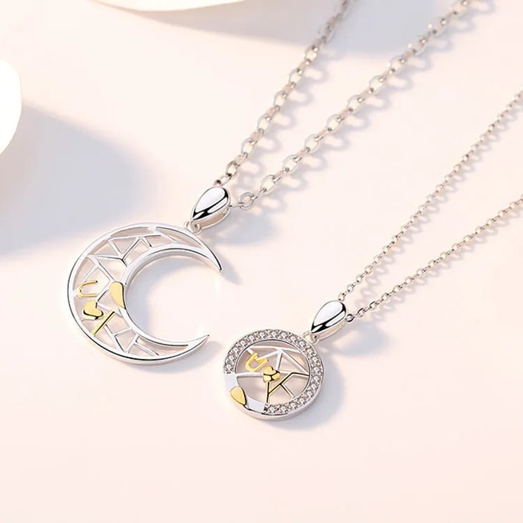Sun moon couple necklace with electroplated copper cross chain and celestial pendant charms