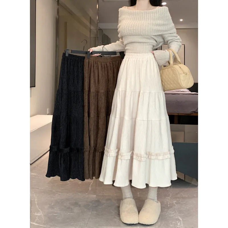Corduroy A-line midi skirt with elastic waistband in solid colour options for urban styling
