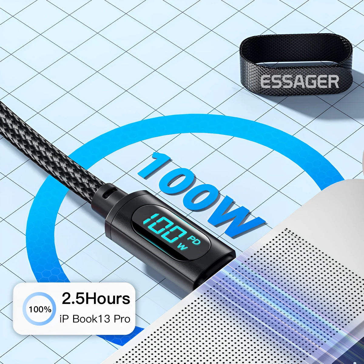 100W USB C fast charging data cable with digital display, aluminum alloy and braided wire, black, 1m and 2m lengths.