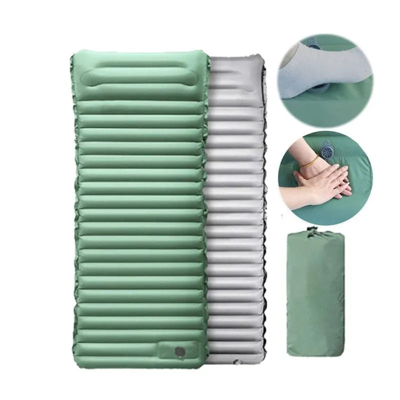 Single inflatable camping mattress in grey, shown expanded to 195cm length