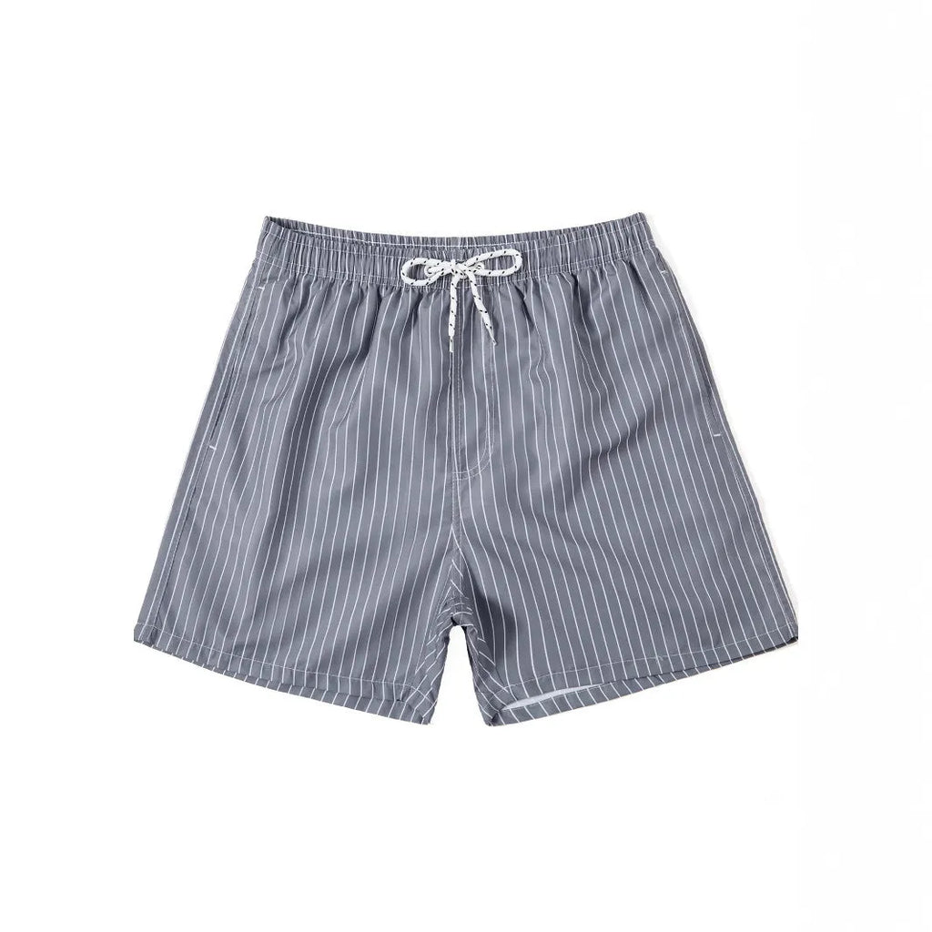 Men's striped beach shorts in light blue with a straight leg and triangle lining.