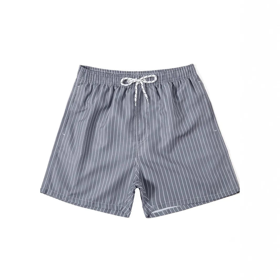 Men's striped beach shorts in light blue with a straight leg and triangle lining.
