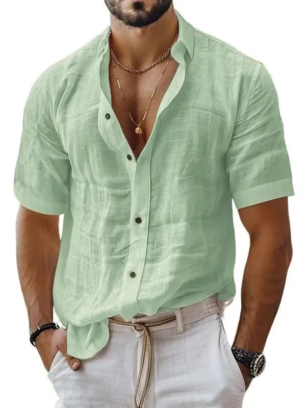 Men's short sleeve lapel shirt in cotton-linen blend with cardigan style open front