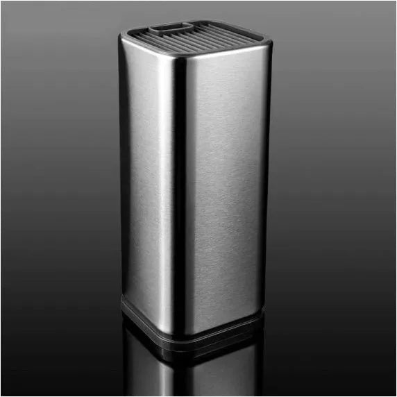 Black kitchen knife holder with detachable storage bucket showing stainless steel blade slots