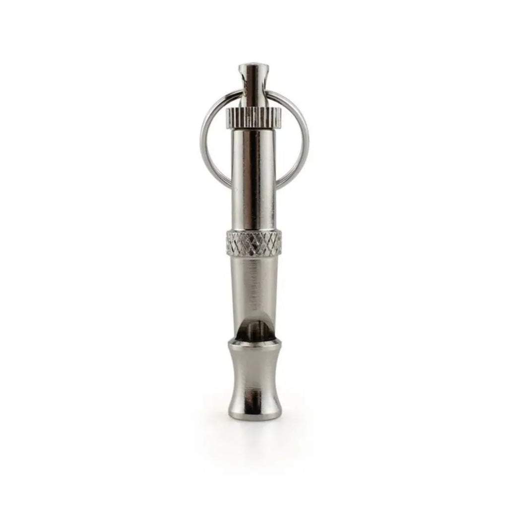 Metallic-coloured adjustable ultrasonic dog training whistle made from brass electroplated nickel.