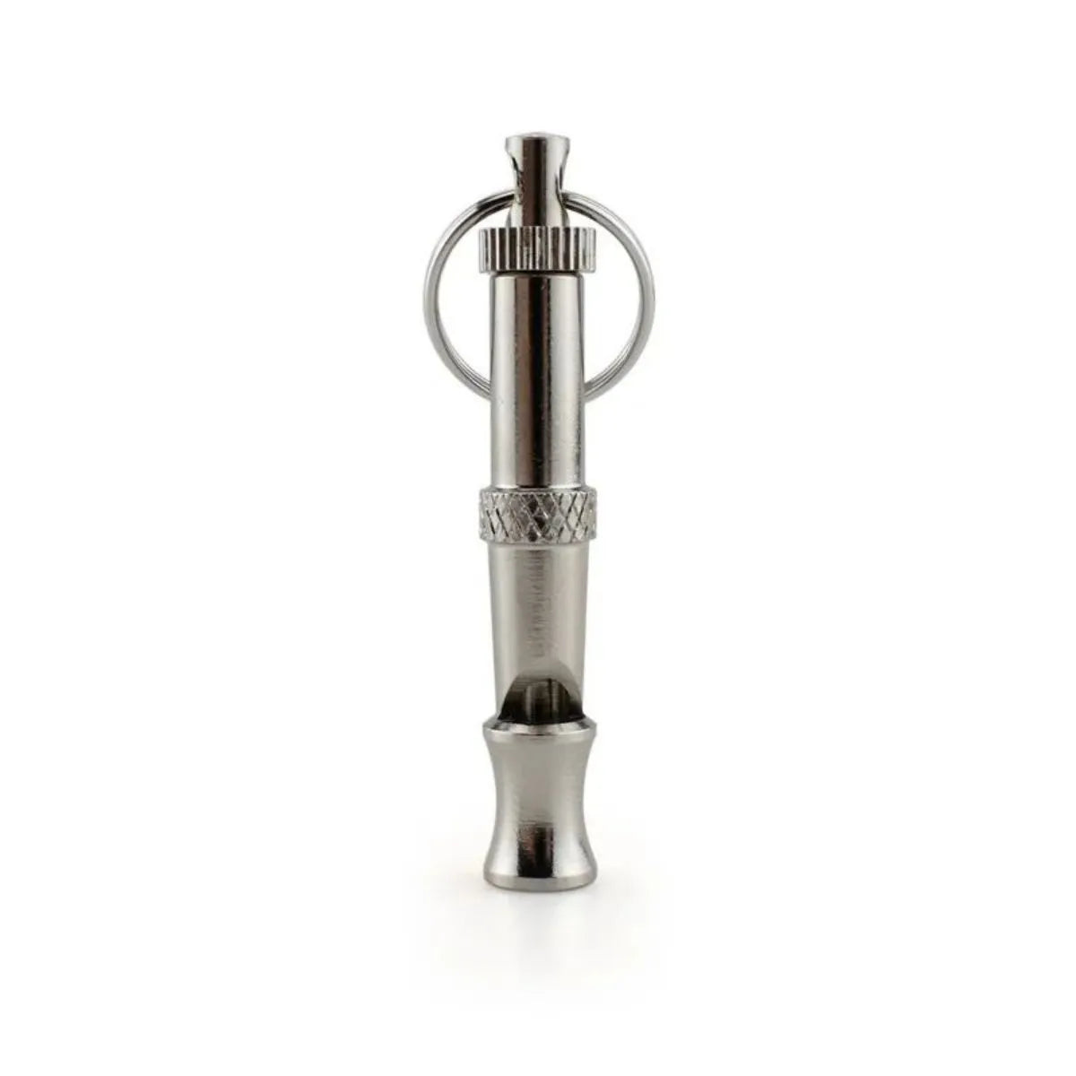 Metallic-coloured adjustable ultrasonic dog training whistle made from brass electroplated nickel.