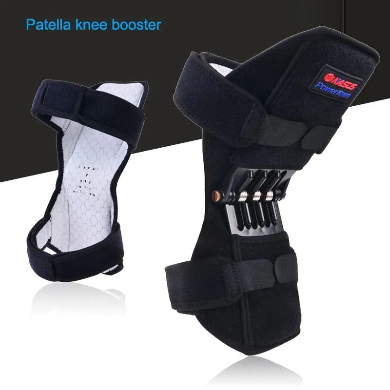 Black knee booster pair with carbon steel spring, adjustable Velcro straps, mesh ventilation and non-slip fabric, 29.5 x 28 x 27 cm
