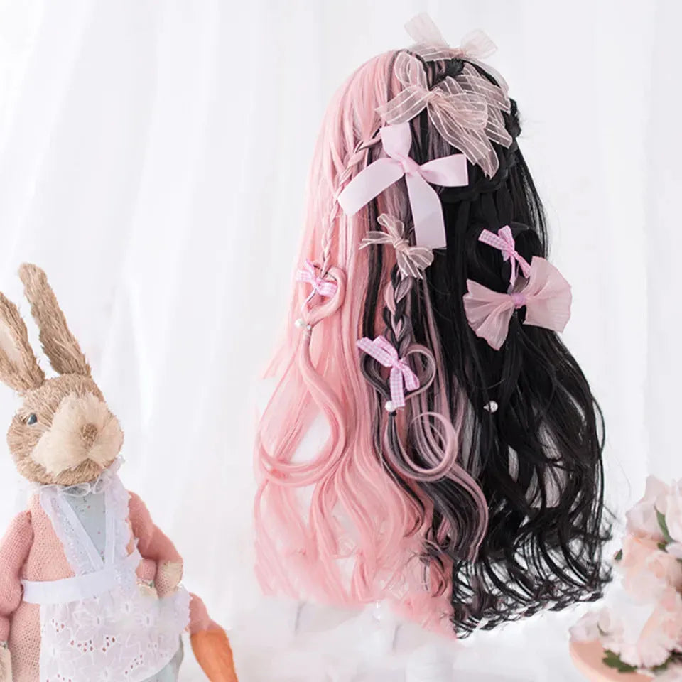 Black pink long curly Harajuku Lolita cosplay wig with bangs on display