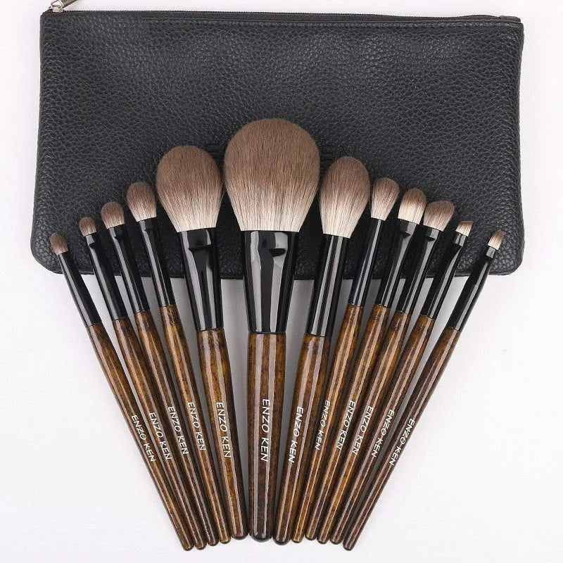12-piece makeup brush set with wooden handles in protective PU brush bag