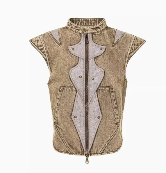 Men's denim pleated vest in picture colour with Korean style detailing and cotton construction