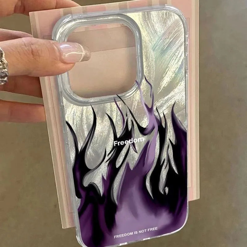 Blue and red flame design on a black silicone iPhone case showing full edge coverage.