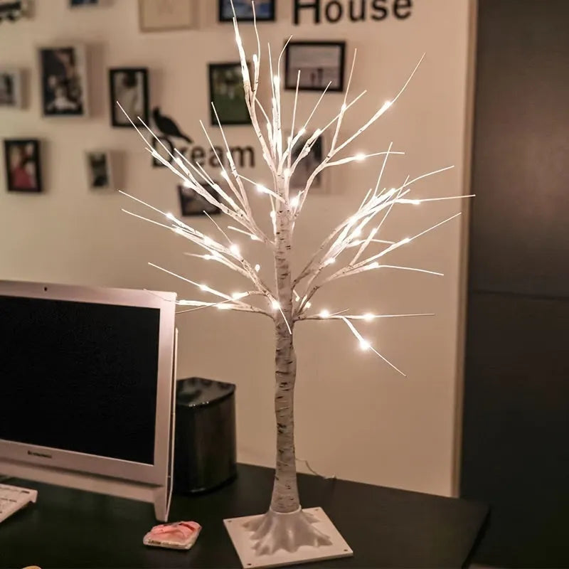 60cm USB birch light with warm white LEDs, black artificial branch on a table