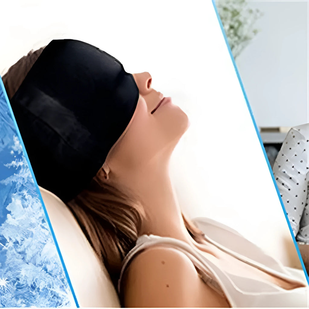 Black elastic gel headache relief mask shown on a forehead, illustrating its size and adjustable fit.