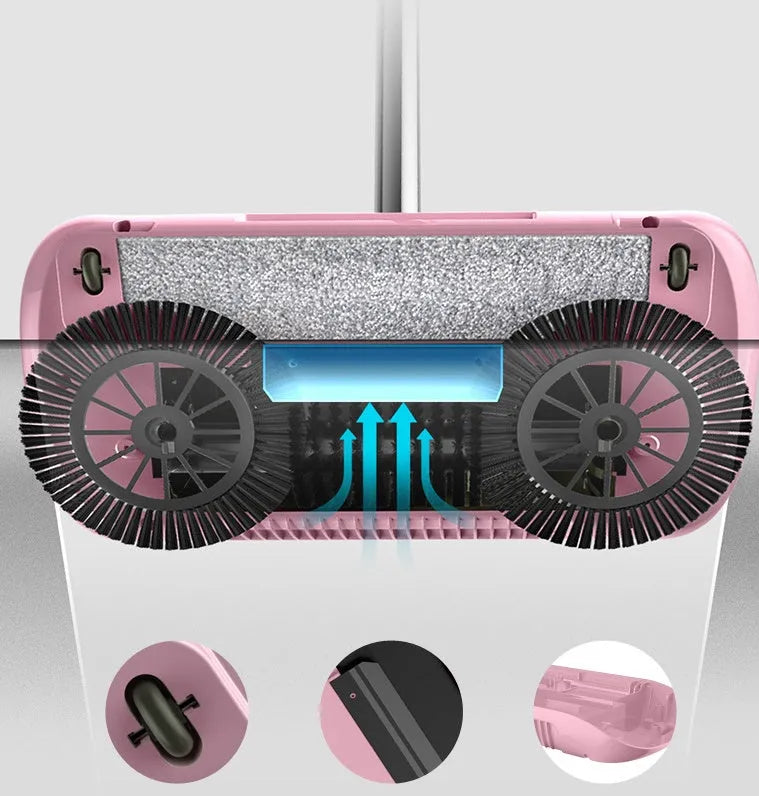 Pink hand push sweeper with rotating brush on floor shows broom dustpan mop all-in-one design