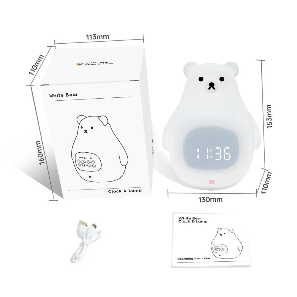 White bear-shaped silicone night light with a remote control and alarm clock features.