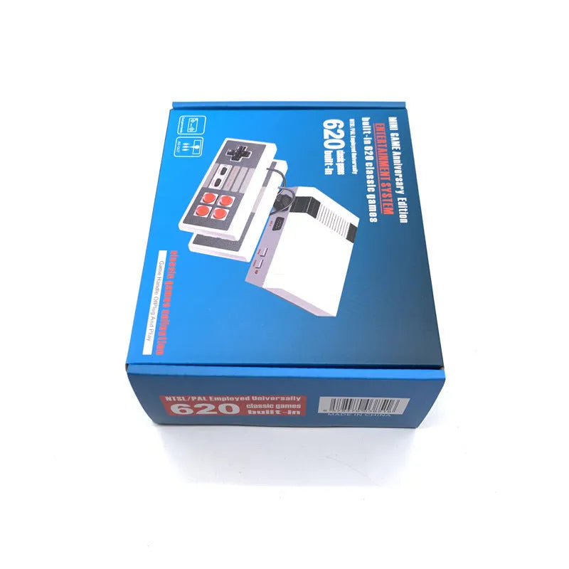 Compact black NES-style retro game console with two rectangular controllers on a white background