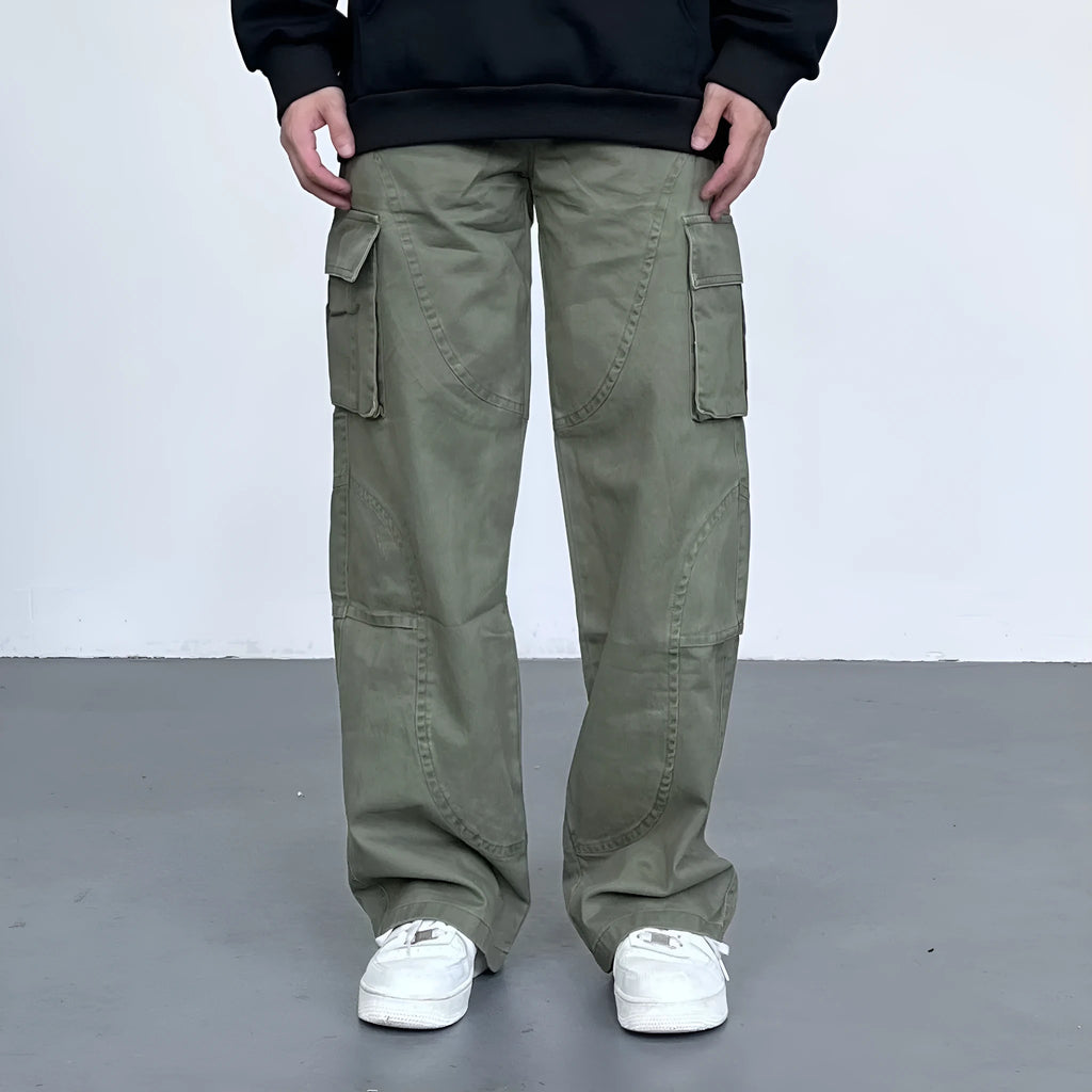 Autumn winter American style washed worn loose straight-leg overalls in black, green, and dark grey with pocket details