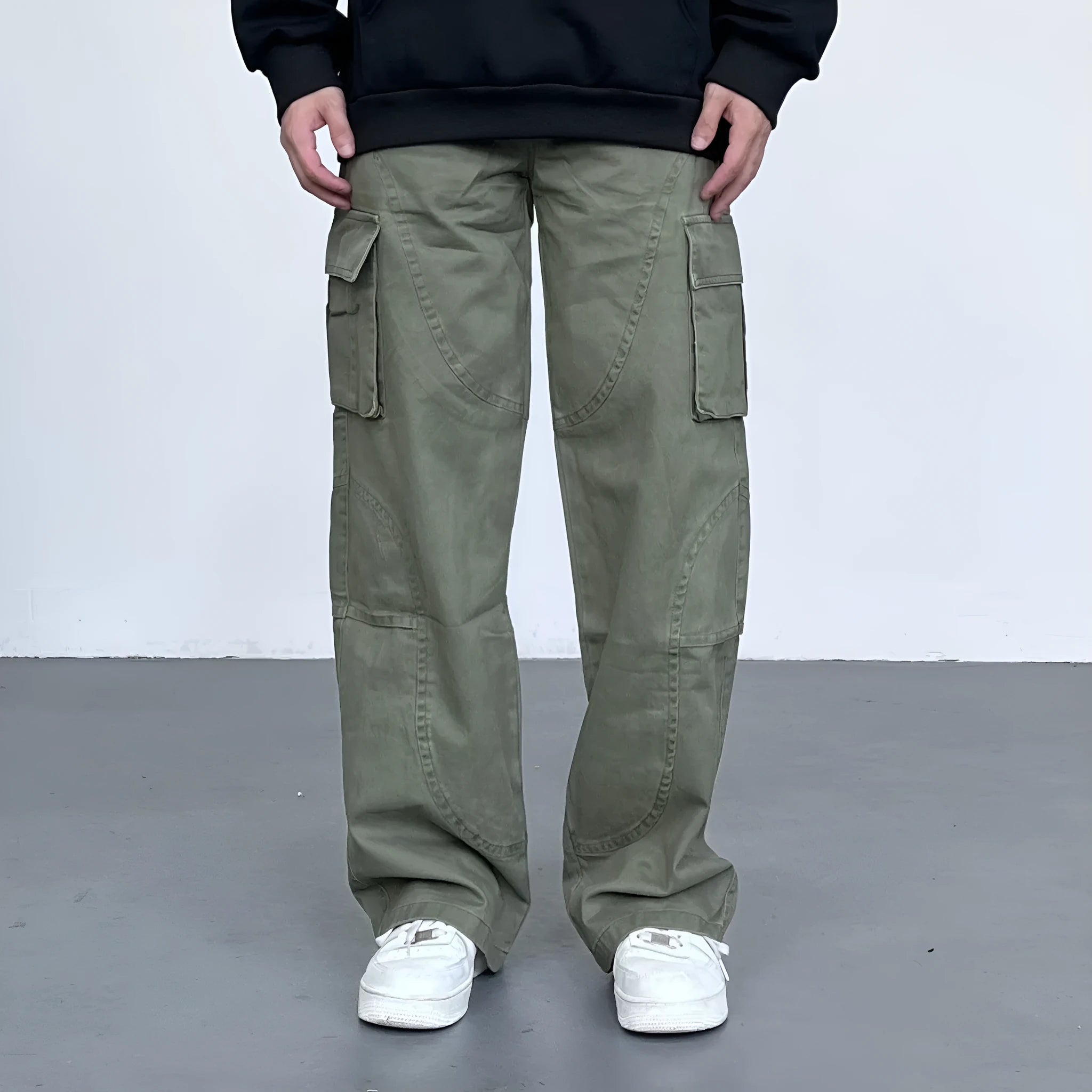 Autumn winter American style washed worn loose straight-leg overalls in black, green, and dark grey with pocket details
