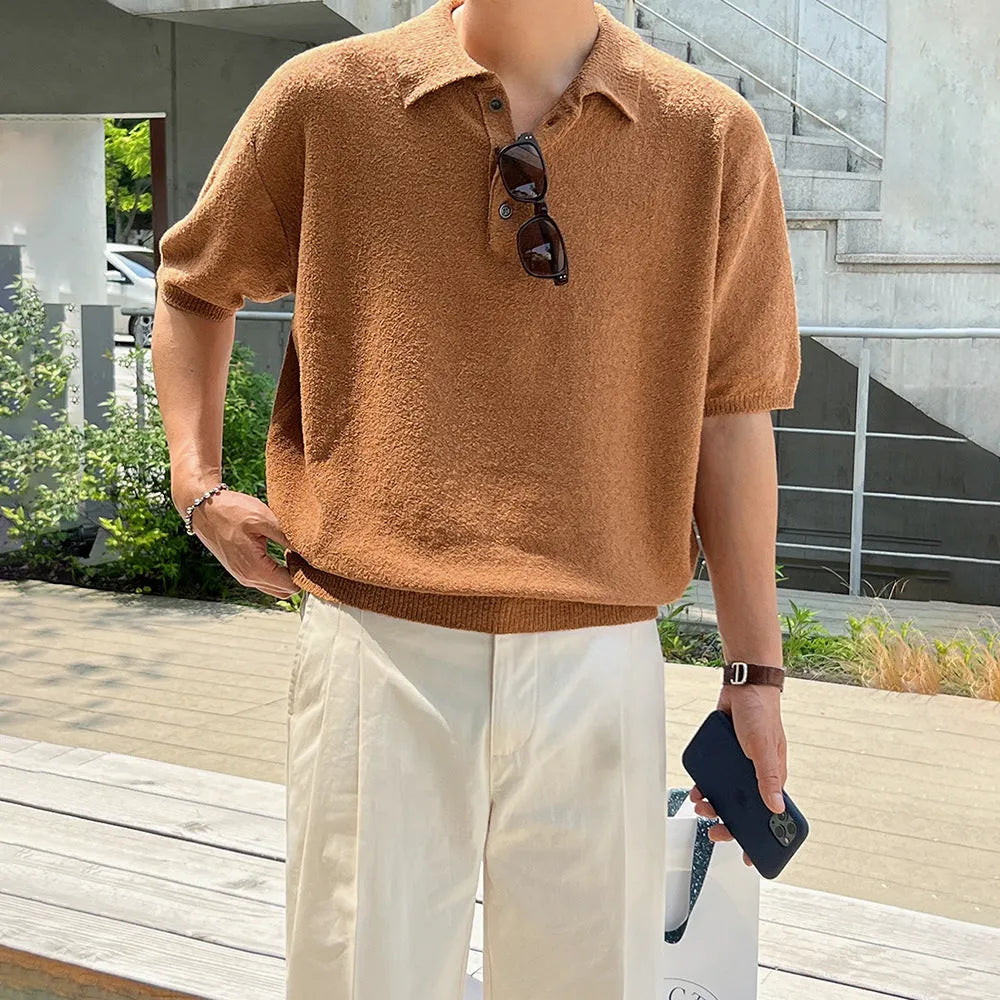 Men's caramel coloured retro knitted polo shirt with short sleeves and an asymmetric design detail.