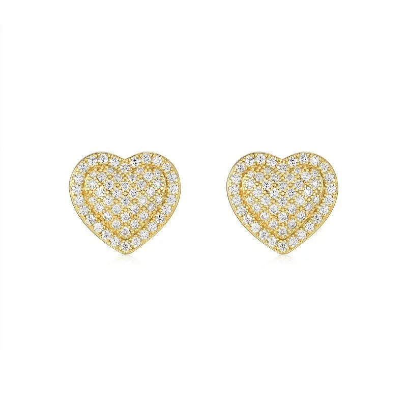 Golden heart-shaped stud earrings made from S925 silver with moissanite stones