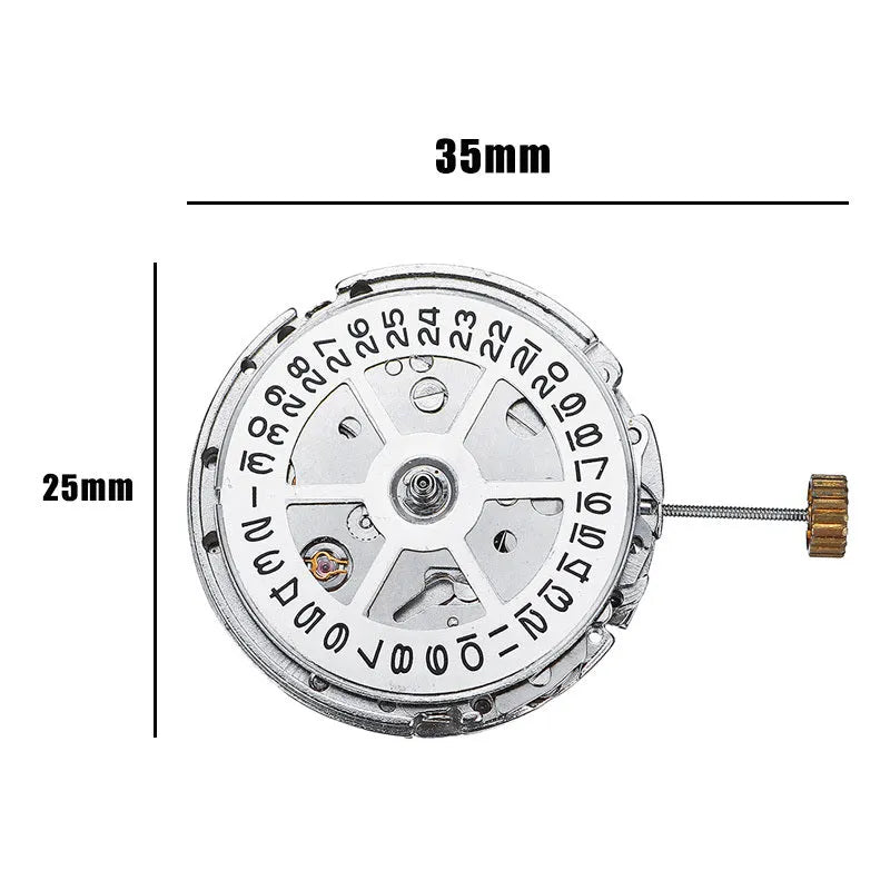 8215 automatic watch movement replacement with silver stainless steel mechanism measuring 25mm diameter