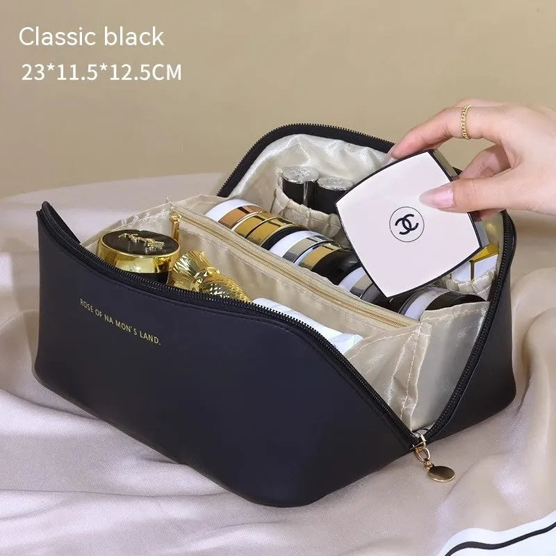 Large capacity travel makeup storage bag in PU leather, 23.5x10.5x11cm, solid colour, white pink light brown black