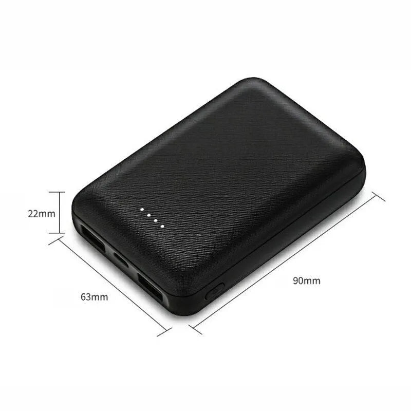 Black ultra-thin 10000mAh power bank showing dimensions and USB charging ports
