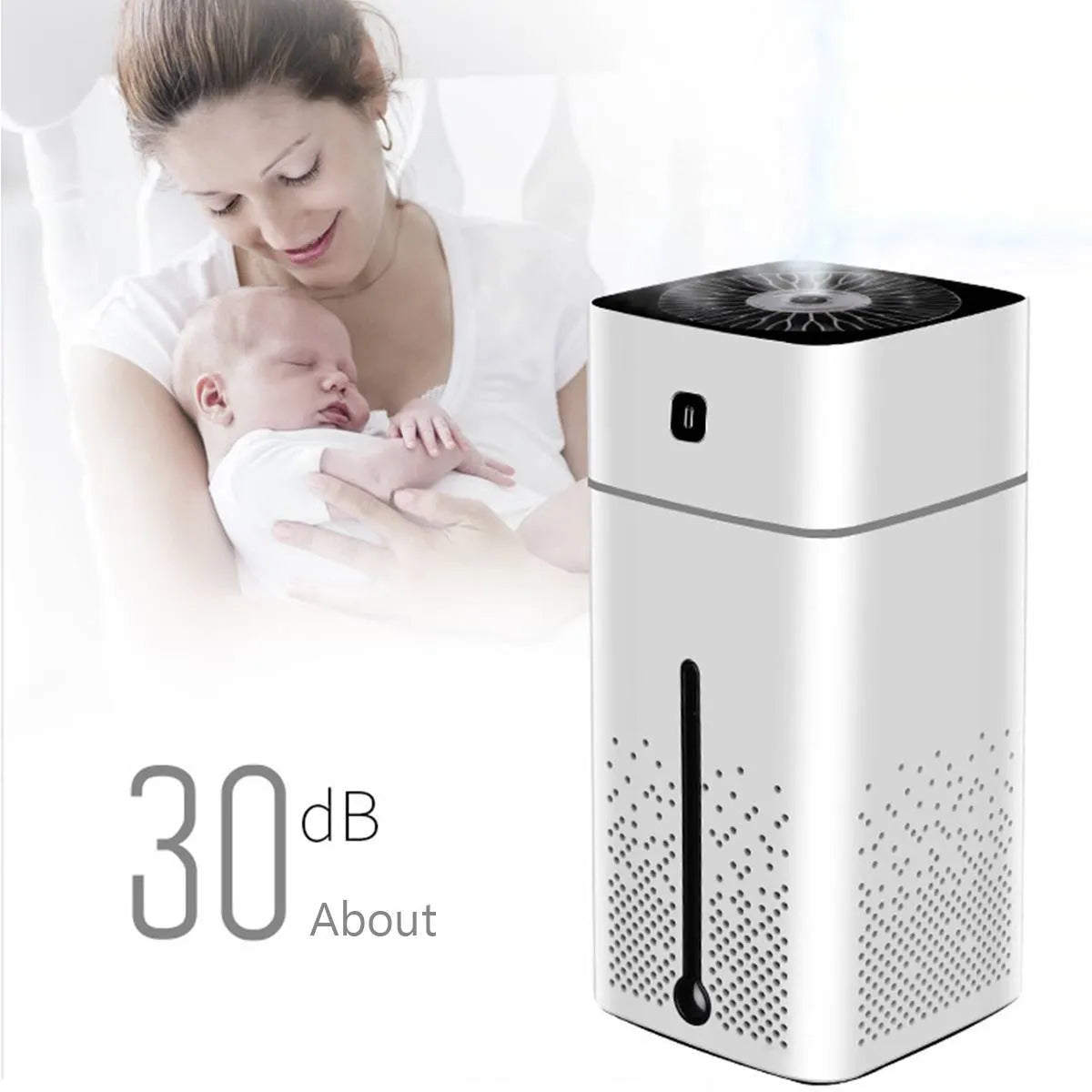 Black or white USB-powered desktop humidifier with 1000ml water tank.