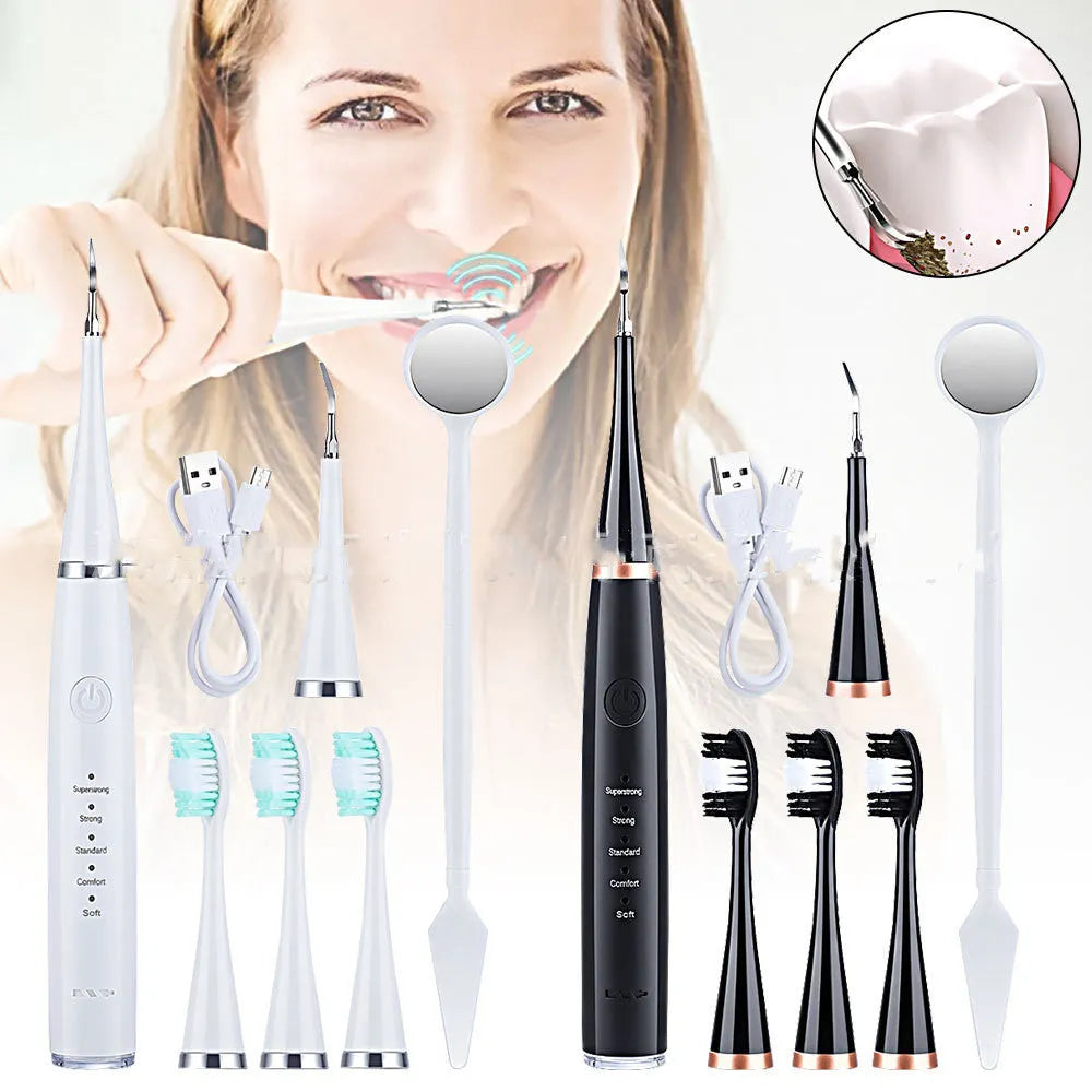 Electric toothbrush in white or black with 3 gears, USB charging, and optional 18mm or 20mm brush heads.