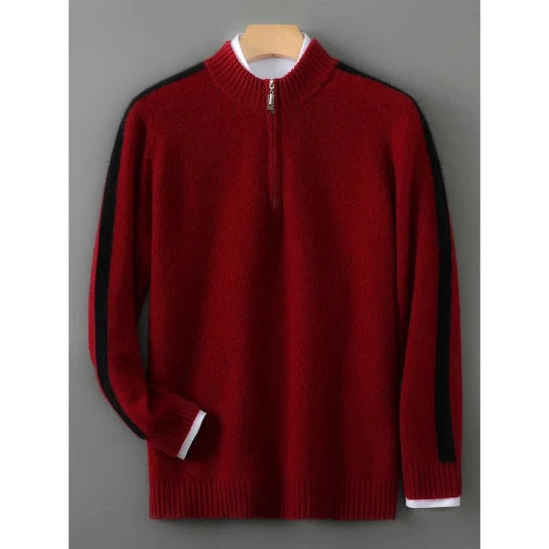 Sheep wool slim-fit pullover sweater with half zip on round neck, shown in various colours.