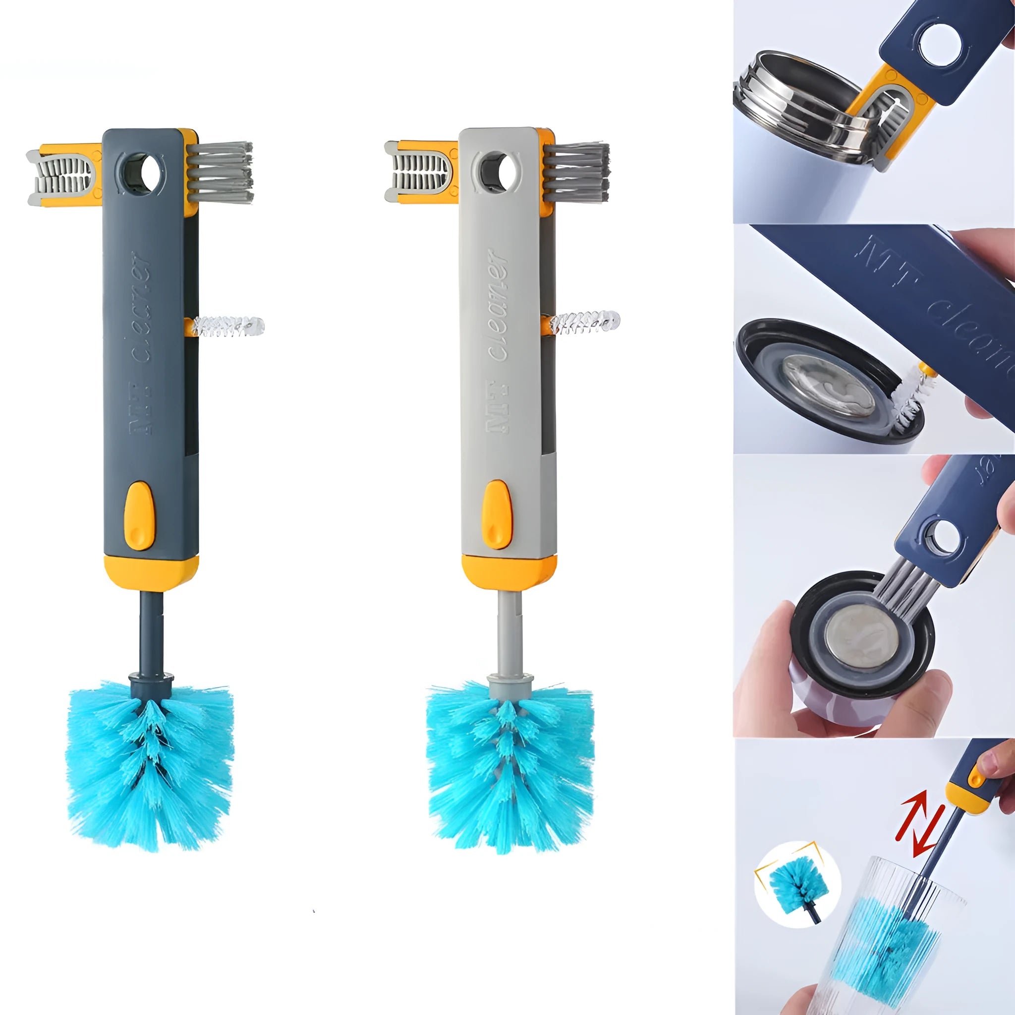 Blue and grey multifunctional bottle gap cleaner brush set with four cleaning heads