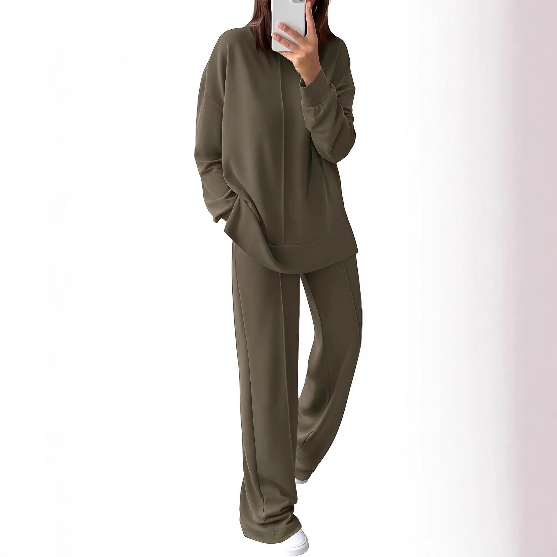 Women's long-sleeve polyester sports suit top and trousers in army green