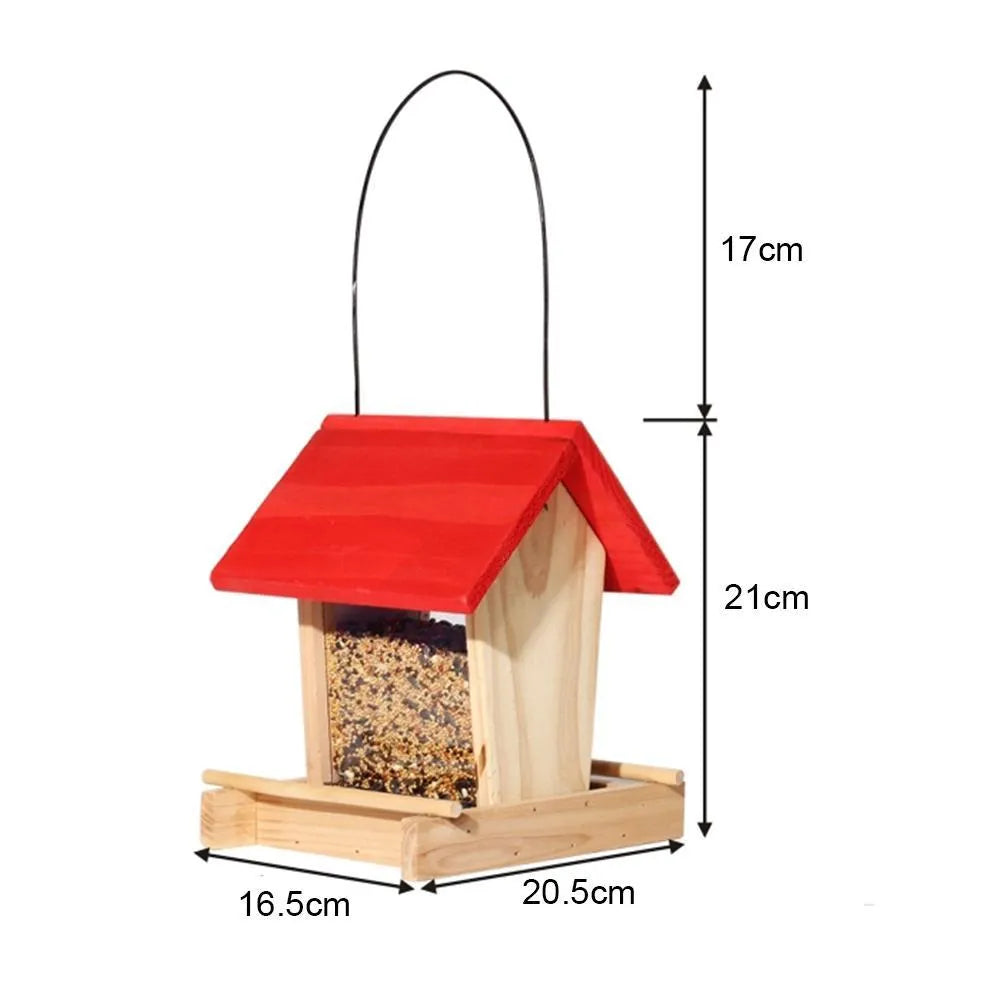 Suspended pine wood bird feeder with red roof and log texture measuring 205x165x210mm