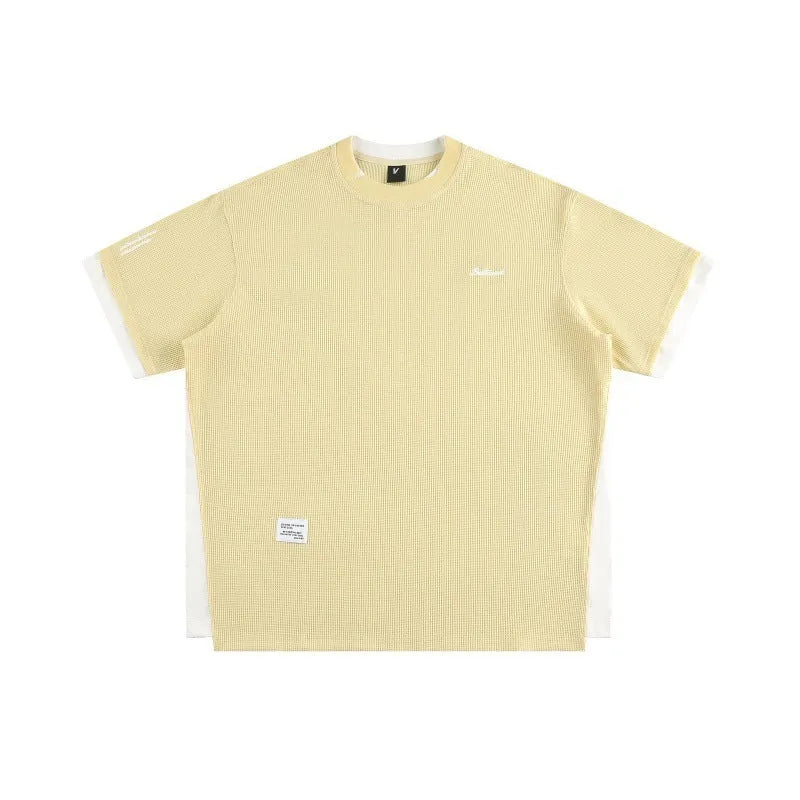 Retro alphabet embroidered waffle knit t-shirt in loose fit with navy blue, yellow or white flower grey colour options