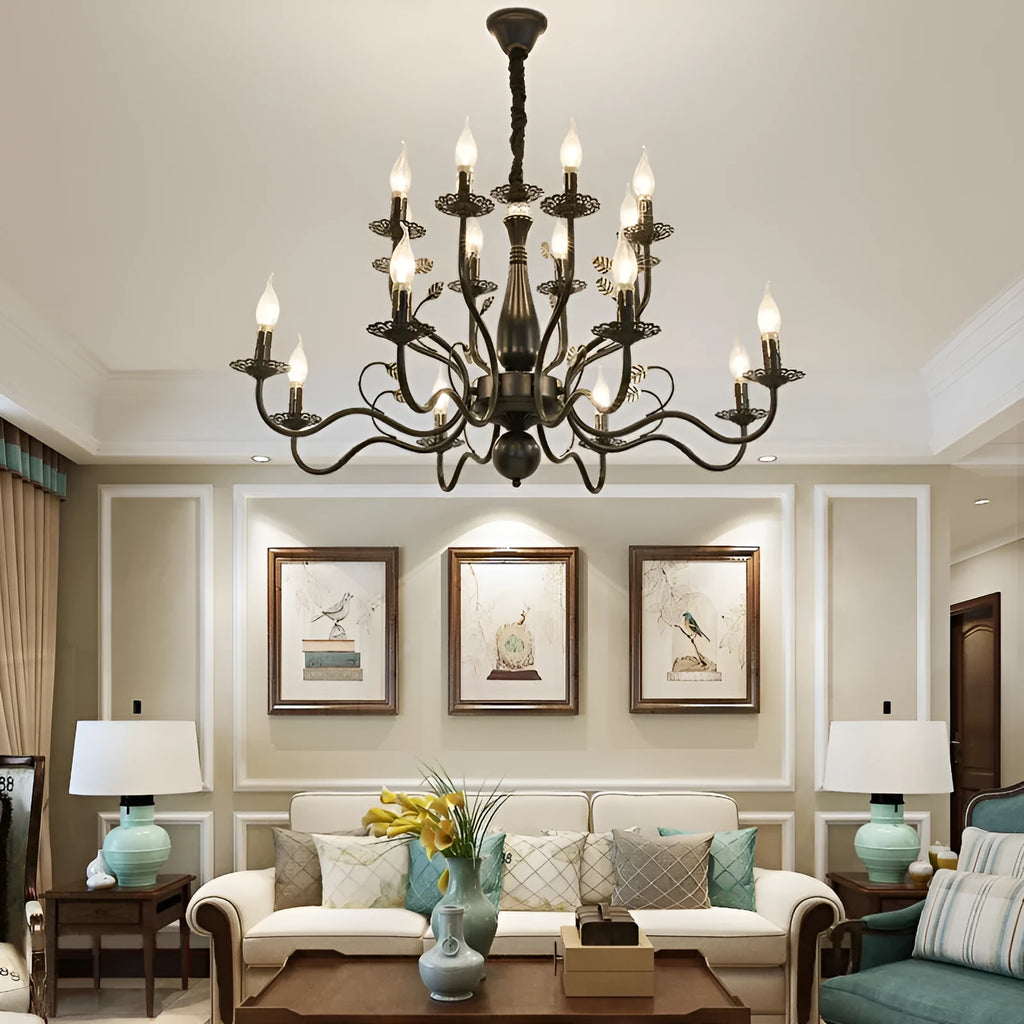 Black wrought iron candle crystal chandelier with 6 lights in a living room setting