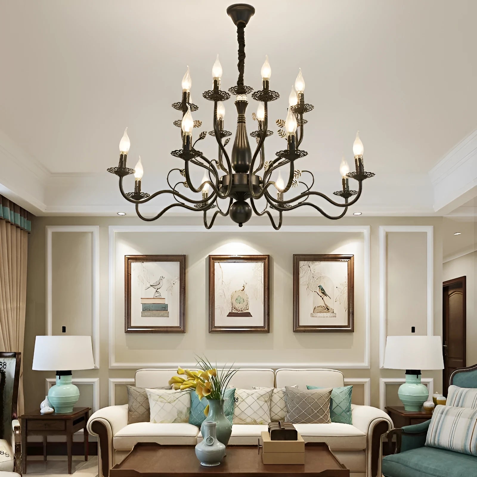Black wrought iron candle crystal chandelier with 6 lights in a living room setting